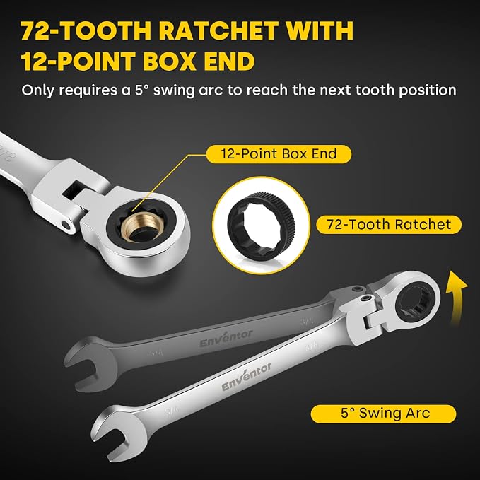 Enventor Ratcheting Wrench Set with 180° Flex Head, 12-Piece, SAE 1/4-7/8" | 72-tooth Ratchet, 5° Swing Arc, 12-point Box Ends, CR-V Steel, Slim Profile, Roll-up Pouch