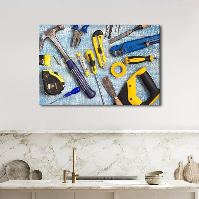 Large Wall Art for Living Room Repairman Maintenance and Housework Project Tools on Workshop Desk Top View Poster, Canvas Supermarket Hotel Tool Room Hardware Store Wall Decor 1 Panels (24"Wx36"H)