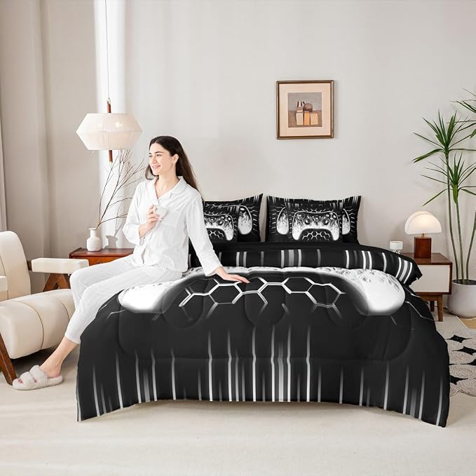 Erosebridal Boys Gaming Bed in a Bag King Size Comforter Set 7 Pieces Ombre Art Honeycomb Bedding Set Grey Neon Lights Sheet Set Game Console Bed Set Geometric Hexagon Beehive Gaming Room Decor