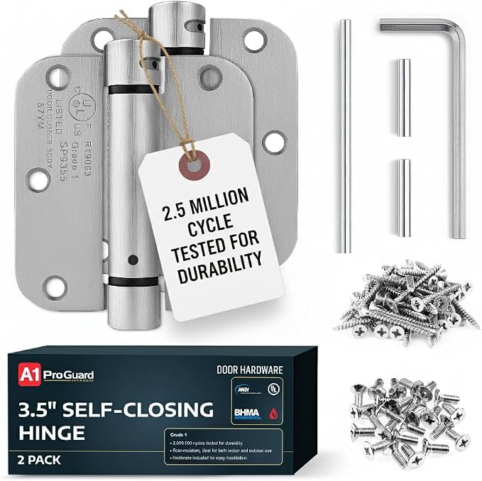 A1 ProGuard - Self Closing Spring Loaded Hinges, 3.5 Inch, Adjustable Tension for Garage, Front, Back Door, Door Closer Hinge, UL Listed, Left/Right Hand, 5/8'' Radius Corners, Brushed Nickel, 2 Pack
