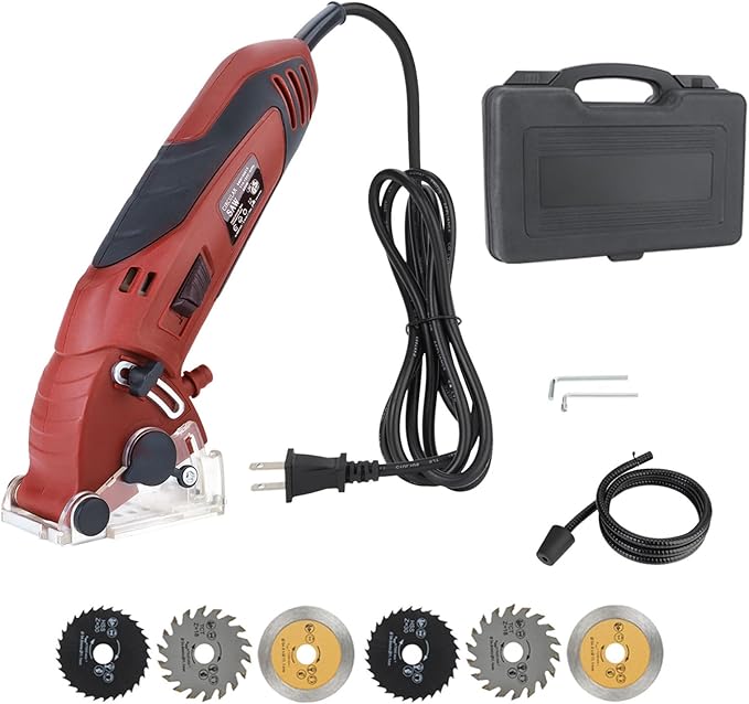 Corded Mini Circular Saw, 400W 110V 3400RPM Multifunction Handheld with 6 Blades Max Cutting Depth ½ Inch, Compact Small Circular Saw for Wood Drywall Tile PVC Pipe Soft Metal