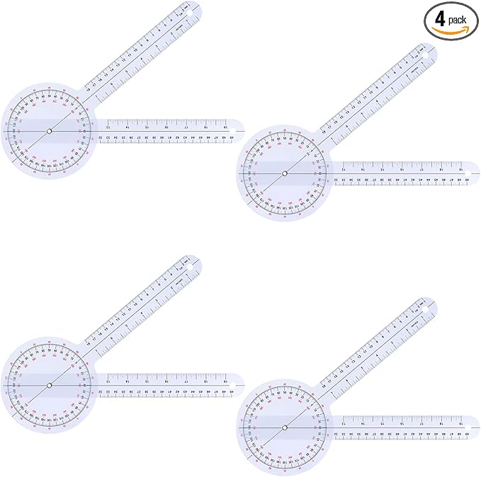 QWORK 12 Inch 360 Degree Goniometer Clear Plastic Protractor, 4 Pack Precise Measurement Ruler with Inch and Centimeter
