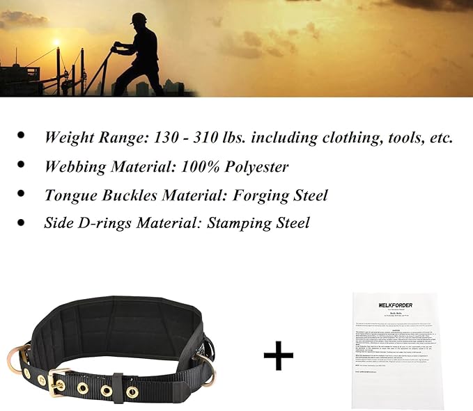 Tongue Buckle Body Belt With Waist Pad and 2 Side D-Rings Personal Protective Equipment Safety Harness | Waist Fitting Size 33'' to 47'' for Work Positioning, Restraint