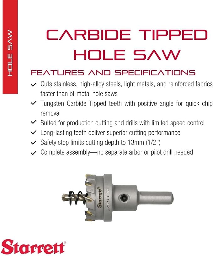 Starrett Tungsten Carbide Tipped Stainless Steel Sheet Metal Hole Saw - Ideal for Stainless, High Alloy Steel, Non-Ferrous Metals, Reinforced Fabrics - 1-17/32'' Diameter - SM39
