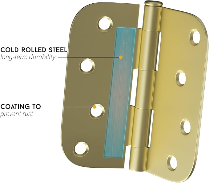 goldenwarm 6 Pack Door Hinge Satin Brass Residential Heavy Duty Iron Door Hinges, 4 Inch x 4 Inch Interior and Exterior Gold Door Hinges with 5/8" Radius Corners