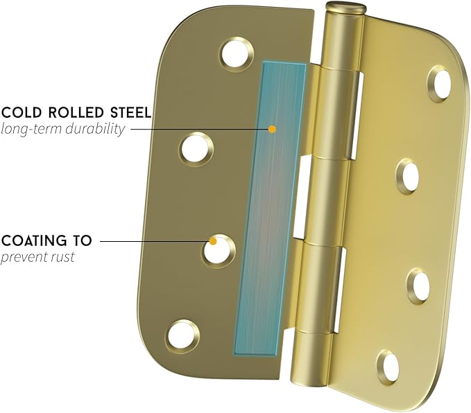 goldenwarm 3 Pack Satin Brass Residential Heavy Duty Iron Door Hinges, 4 Inch x 4 Inch Interior and Exterior Gold Door Hinges with 5/8" Radius Corners