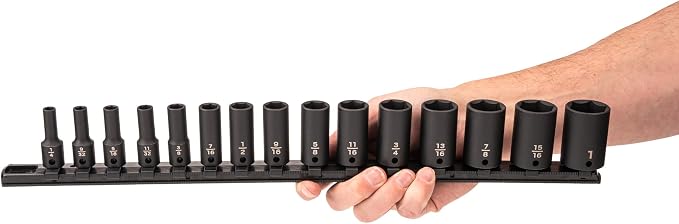 TEKTON 3/8 Inch Drive Impact Socket Set, 15-Piece | SID91118 | (1/4 - 1 in.), Semi-Deep, 6-Point, Socket Rail