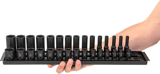 TEKTON 3/8 Inch Impact Socket Set, 30-Piece | SID91210 | (1/4 - 1 in.), Shallow and Deep, 6-Point, Socket Rail