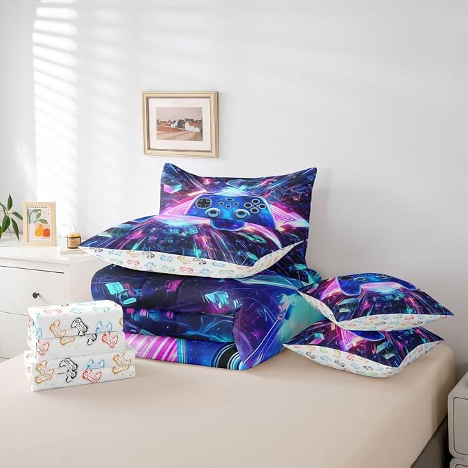 Erosebridal Galaxy Gaming Comforter Set 7 Piece Bed in a Bag Twin | 3D Cube Gamer Bedding Sets Diamond Neon Lights Comforter and Sheet Set, Modern Game Consoles Bed Sets