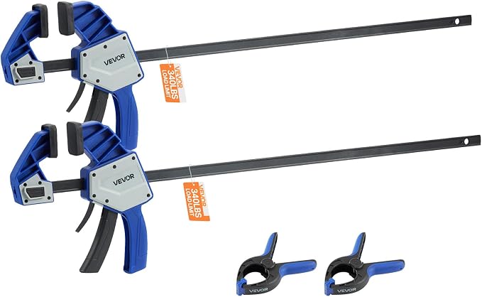 VEVOR Bar Clamps for Woodworking, 2-Pack 24 inch One-Handed Clamp/Spreader, Quick-Grip F-Clamp with 340 lbs Load Limit, Premium Plastic and Carbon Steel, for Woodworking Metal working, Blue + Black