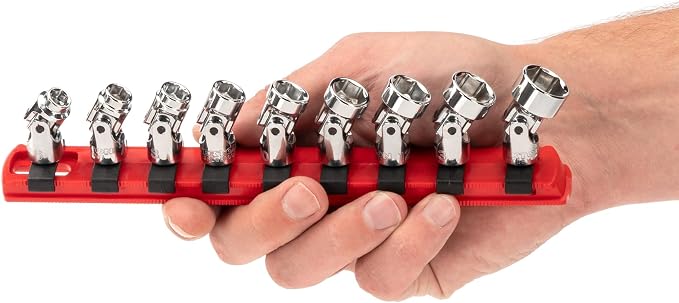 TEKTON 1/4 Inch Drive Universal Joint Socket Set, 9-Piece | SHD90110 | (6 - 14 mm), Shallow, 6-Point, Socket Rail