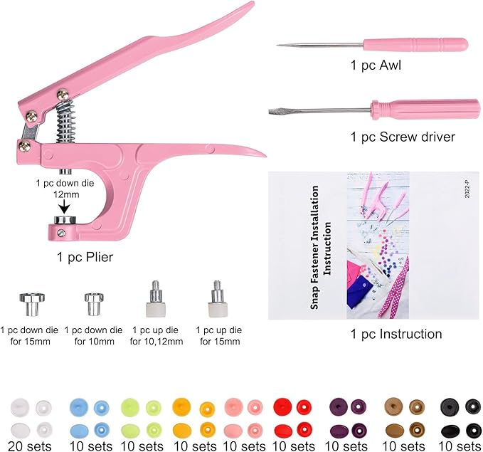 LBTEE Plastic Snap Fastener Kit with Plier Screwdriver Awl and Storage Case, 100 Sets Snaps, 9 Colors T5 Buttons, 12mm Cap. Snap Plier for T3(10mm), T5(12mm), T8(15mm) Buttons, Pink
