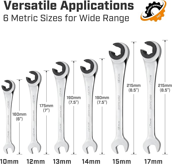 ironcube Brake Line Wrench Set: 6 Pcs Metric 10-17mm - Ratcheting Open-end for Nuts on Fuel, Brake or Air Conditioning Lines