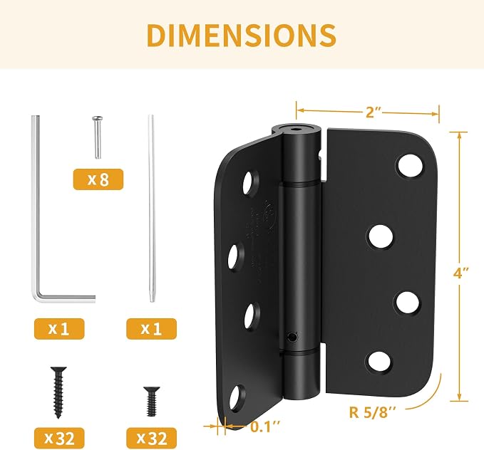 Luxbaro 4 Pack Self Closing Door Hinges 4 Inch, Matte Black Spring Loaded Hinges with 5/8'' Radius Corners, Adjustable Tension for Garage, Front Door, for Left and Right Hand Door, UL Listed