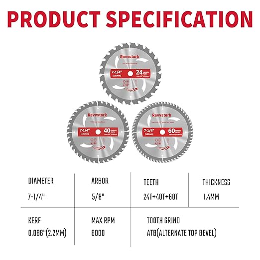 3 Pack 7 1/4 Circular Saw Blade 24T&40T&60T Combo, TCT ATB 24T Framing, 40T Ripping & Crosscutting, 60T Finish Saw Blade for Various Wood Cutting, 5/8" Arbor, Fit Dewalt Craftsman Ryobi Milwaukee