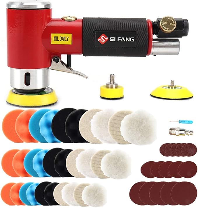 SI FANG 48Pcs 1'' 2'' 3'' Mini Air Sander Kit, High Speed Random Orbital DA Sander Polisher for Auto Body Work, Includes 1/2/3in Polishing Sponge & Wool Pads Sandpapers (Red Pneumatic Sander)