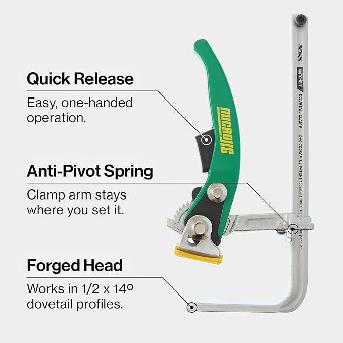 MICROJIG MatchFit Dovetail Ratchet Clamp AP, T-Track Compatible, Ratcheting Action, for Woodworking, Sanding, Routing, Workbench, DVC-700RAP, Green