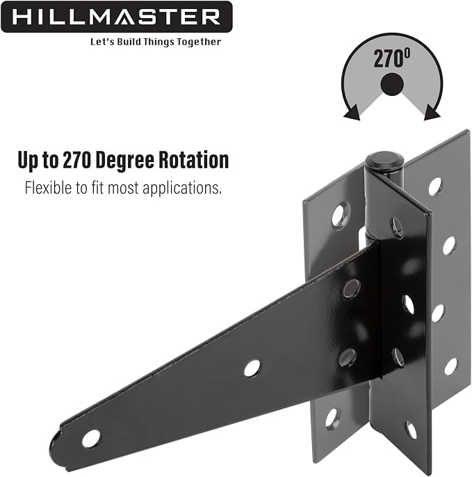 HILLMASTER 6 Inch T-Strap Heavy Duty Shed Door Hinges Gate Strap Hinges Black Tee Hinge Wrought Hardware for Wooden Fences,Yard,Barn Door,Rustproof(2 Pack)