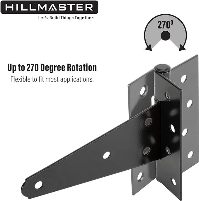 HILLMASTER 6 Inch T-Strap Heavy Duty Shed Door Hinges Gate Strap Hinges Black Tee Hinge Wrought Hardware for Wooden Fences,Yard,Barn Door,Rustproof (4 Pack)