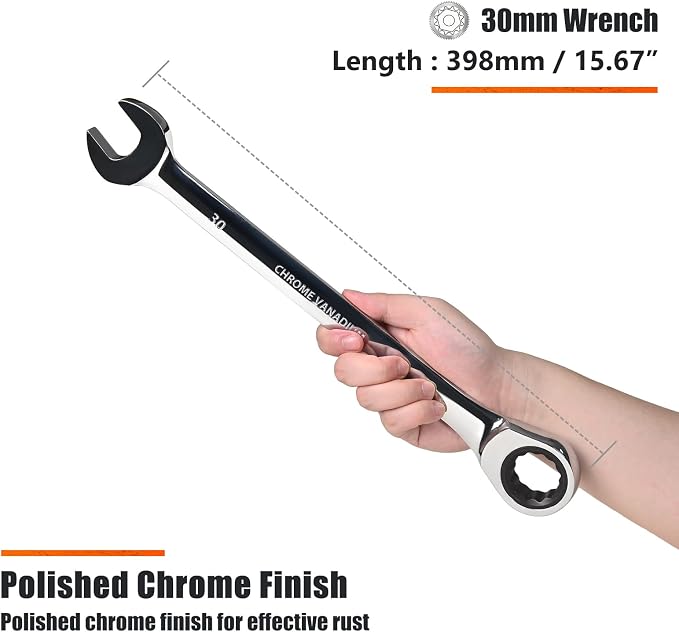 Egofine 30mm Ratcheting Combination Wrench Metric, Industrial Grade Gear Spanner with 12-Point Design, 72-Tooth Ratchet, Chrome Vanadium Steel