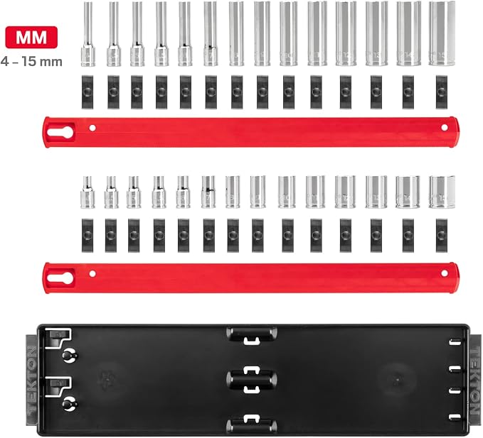 TEKTON 1/4 Inch Drive 12-Point Socket Set, 28-Piece | SHD90214 | (4 - 15 mm), Shallow and Deep, Socket Rail