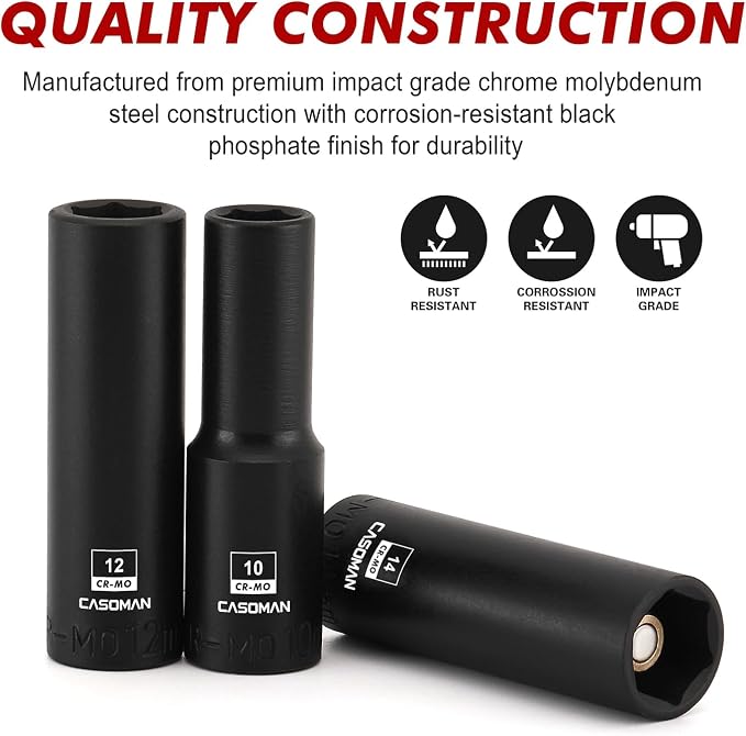 CASOMAN 13PCS 3/8"Drive Magnetic Impact Socket Set, Deep, 6-Point, Metric, 7mm to 19mm, CR-MO