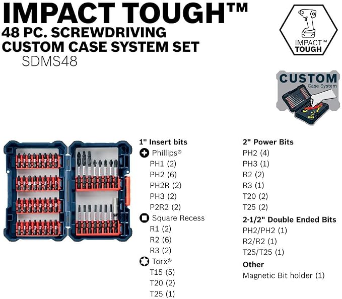 BOSCH SDMS48 48-Piece Assorted Impact Tough Screwdriving Custom Case System Set for Screwdriving Applications