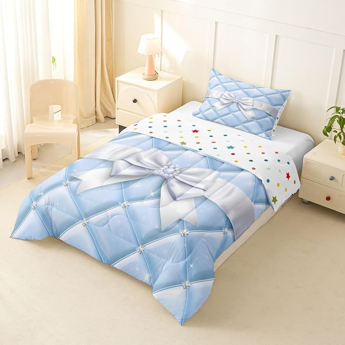 Feelyou Cute Blue Bow Bedding Set Soft for Boys Girls, Geometry Bowknot Comforter Set Toddler Size Glitter Duvet Quilt Microfiber Bedroom Decor 2 Pcs with 1 Pillow Cases