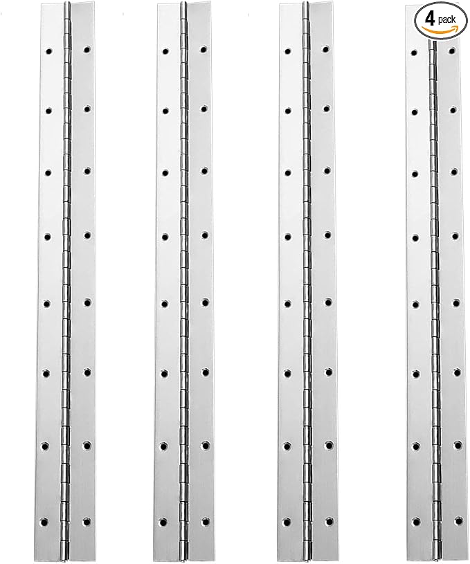 4Pcs Continuous & Piano Hinges, 16Inch 1.2'' Open Width, Silver Heavy Duty, Stainless Steel, 0.04'' Folding for Storage Boxes, Cabinets, Door, Piano, Wood Furniture