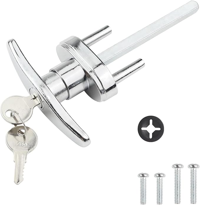 T-Handle Garage Door Lock with Cylinder - Includes 2 Keys & Black Spacers + Multi-Screw Kit, Fits 1-3/8" to 2" Thick Doors-1 Pack