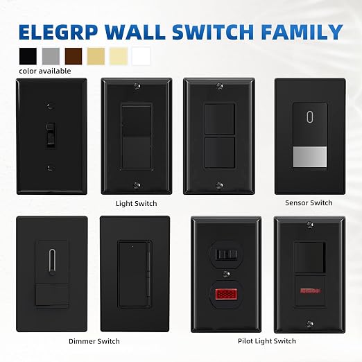 ELEGRP 4 Way Toggle Light Switch, 15 Amp, 120-277V, Toggle Framed AC Quiet Switch, in Wall On/Off, Self-Grounding, Residential and Commercial Grade, UL Listed (5 Pack, Glossy Black)