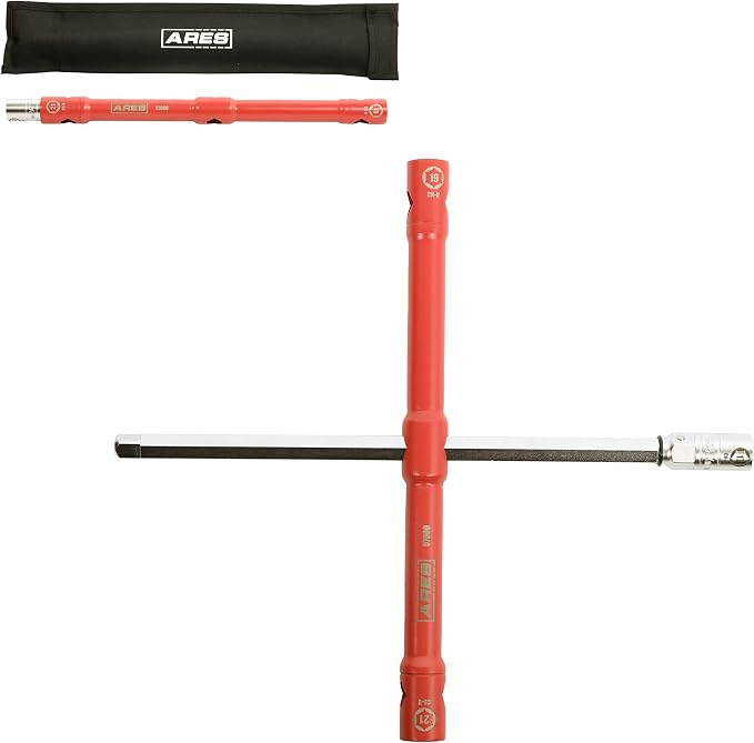 ARES 57000 Universal Lug Wrench Set, 17/19/21mm Sockets, 26-In | 26-Inch length; unique 1/2-Inch drive socket adapter end; compact design with storage pouch.