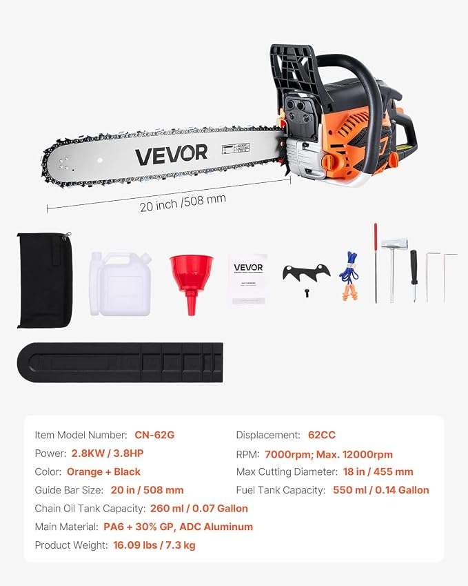 VEVOR 20inch 62CC Gas Powered Chainsaw, 3.8 HP 2 Stroke Engine Gas Power Chainsaws with Non-Slip Handle, Gas Chainsaws with Dual Fuel Tanks, For Wood Cutting, Tree Trimming, and Land Clearing | Power Chain Saw for Logging with Non-Slip Handle, Dual Fue...