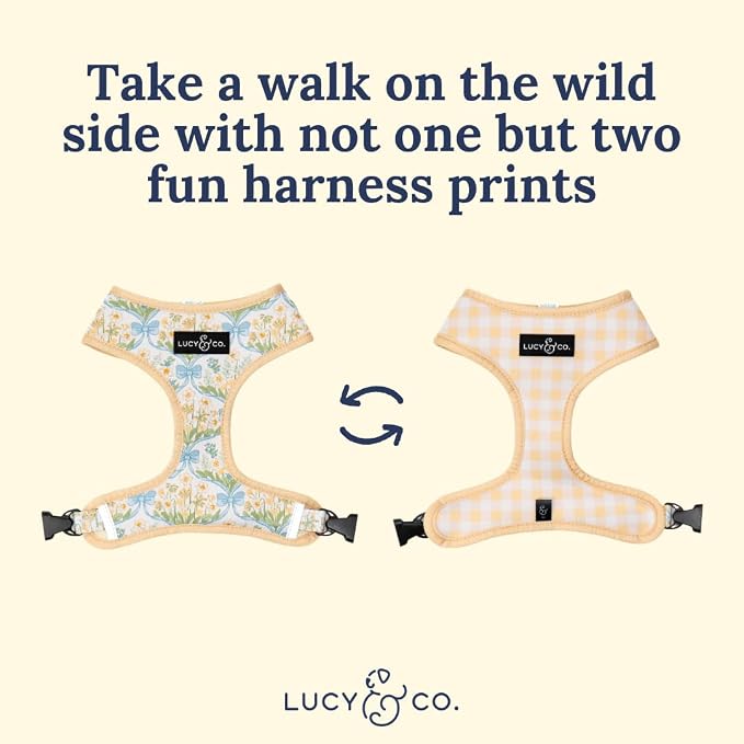 Lucy & Co. Reversible Dog Harness - Water-Repellent Neoprene, Dual-Print Design, Easy Swap Style, Adjustable Comfort Fit - Sunshine Daffodils Reversible Harness - Medium