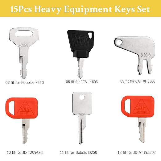 15PCS Heavy Equipment Keys Master Set, Construction Keys for Cat Caterpillar 5P8500 John Deere AT195302 Komatsu 787 Volvo 777 Bobcat D250 JCB 14603 Case S450 Hitachi H800 Hyster 166 Takeuchi H806