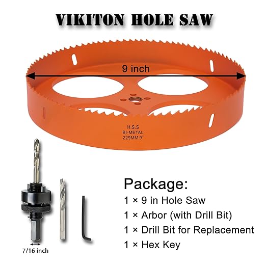9 Inch Hole Saw with Arbor for Metal Wood Plastic, 9 in Bi-Metal Hole Cutter for Different Project with Smooth and Flat Drilling Edge, Fast Chip Removal, Lighter and Portable