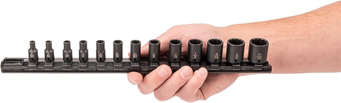 TEKTON 1/4 Inch Drive Impact Socket Set, 13-Piece | SID90104 | (5/32 - 11/16 in.), Shallow, 12-Point, Socket Rail