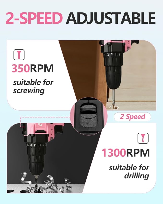 Cordless Drill Driver Set 20V Power with Battery Charger and Carrying Case, 25+1 Torque Electric Drill, Variable Speed, 266 In-lb, 3/8'' Keyless Chuck, 34pcs Driver Bit, for Women, Pink