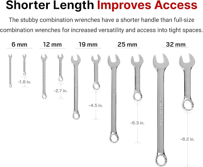 TEKTON Stubby Combination Wrench Set, 34-Piece | WCB90413 | (1/4 - 1 in., 6 - 24 mm), Chrome Finish