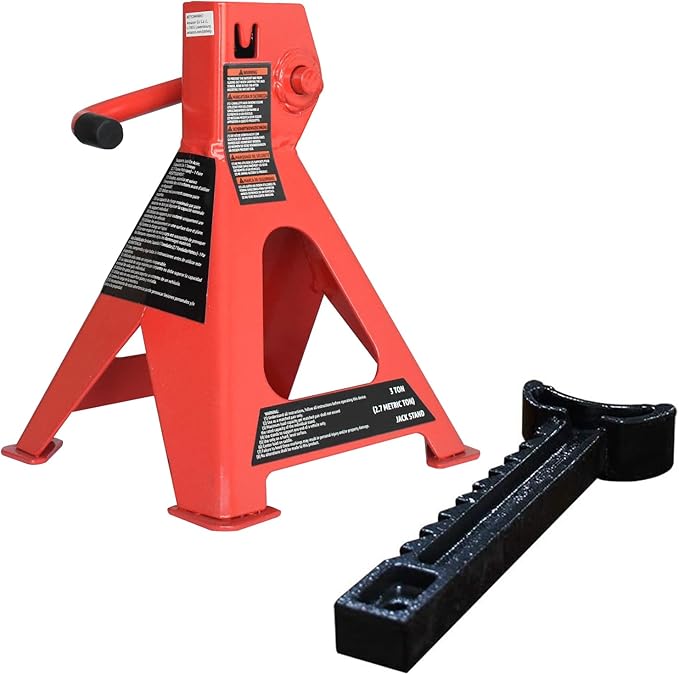 Amazon Basics Steel Jack Auto Stands, 3 Ton (2.7 metric Ton) Capacity, Easy to Use, Adjustable Height, 6,000 lb, 1 Pair, Black and Red