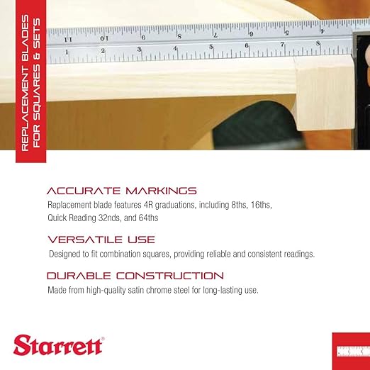 Starrett Blade Only for Combination Squares, Sets or Bevel Protractors - Ideal for Woodworking and Metalworking - 6" Length, Satin Chrome Finish, 4R Graduation - CB6-4R