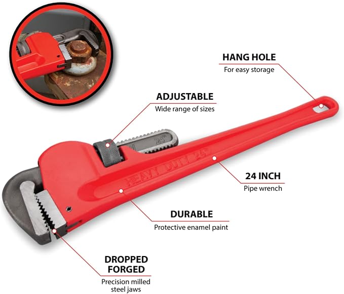 Performance Tool W1133-24B 24 in. Adjustable Pipe Wrench | Precision milled drop-forged steel jaws. Protective red enamel finish. Heavy duty plumbing wrench