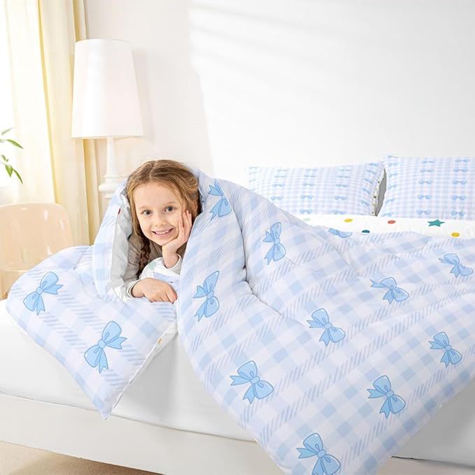 Feelyou Blue Grid Bowknot Bedding Set Soft for Boys Girls, Bow Checkered Comforter Set Full Size Princess Duvet Quilt Microfiber Bedroom Decor 3 Pcs with 2 Pillow Cases