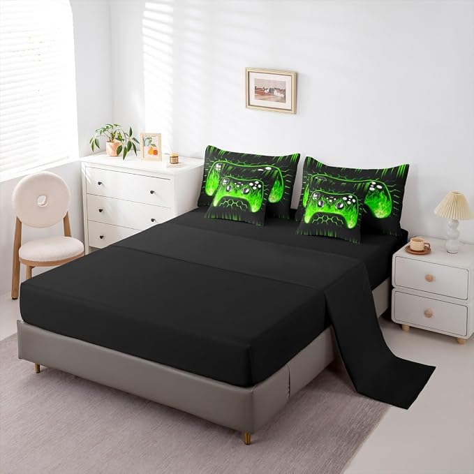 Erosebridal Boys Gaming 7 Piece Comforter Set Full Bed in a Bag Ombre Art Honeycomb Bedding Set Green Neon Lights Sheet Set Game Console Bed Set Geometric Hexagon Beehive Gaming Room Decor