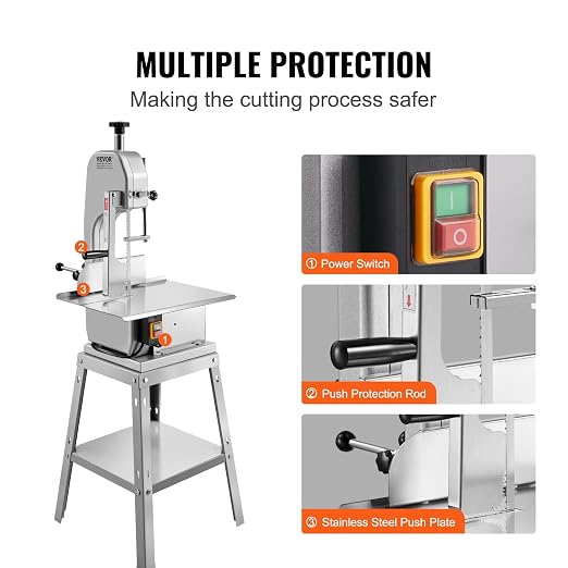 VEVOR Electric Meat Saw, 850W Stainless Vertical Cutter, 19.1"x15" Workbench, 7.09" Cutting Thickness, Includes 5 Blades for Slicing Frozen Meat, Pork, Beef, and Ribs