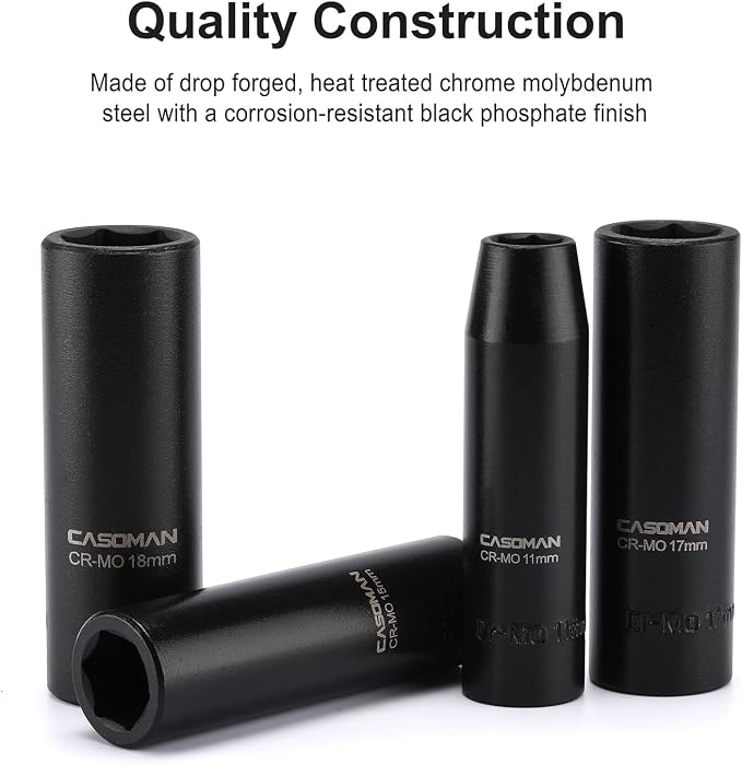 CASOMAN 1/2-Inch Drive Deep Impact Socket Set, 14 Pieces Set, 10mm-27mm, CR-MO, Metric, Heavy Duty Storage Case