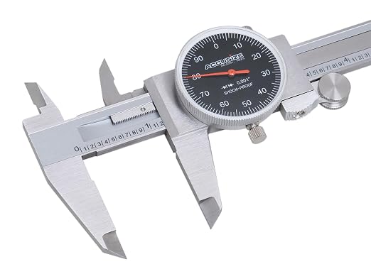 Accusize Industrial Tools 0-6" x 0.001" (Range x Resolution) Dial Caliper, Black Face Red Needle, Stainless Steel in Fitted Box, P920-B216 | 0-6" Range, 0.001" Resolution, Stainless Steel, Satin Chrome Finish, Covered Rack, P920-B216