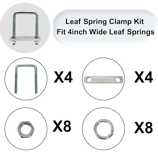 4 Pack Square U-Bolt for Trailer- Fits 4 Inch Wide Leaf Springs, Galvanized Steel Clamp Set, Secure Fit for Truck, Boat and Trailers