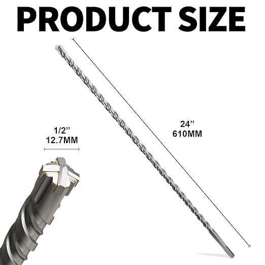 SDS Plus Rotary Hammer Drill Bits, (1/2"*24"-12.7mm*610mm) - 4 Carbide Cutting Edges, Ideal for Masonry| Heavy-Duty Masonry |Hammer Drill Bits for Precision Drilling