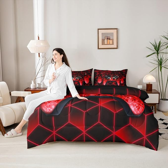 Gaming Consoles Comforter Set 7 Piece Bed in a Bag Twin,Neon Geometric Boys Bedding Set,3D Geometric Gamer Comforter and Sheet Set Red Flame Bed Set,Gamer Decor for Boys Bedroom Gamer Gifts